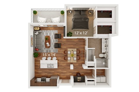 Floor plan for 1 bed, 1 bath, 1029 sqft